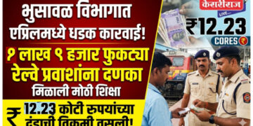 भुसावळ विभागात एप्रिलमध्ये  १ लाख ९ हजार फुकट्या रेल्वे प्रवाशांकडून  १२.२३ कोटीं रुपयांच्या दंडाची वसुली  