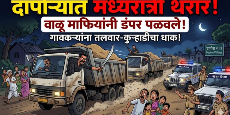 दापोऱ्यात मध्यरात्री थरार! महसूल व पोलिसांच्या गराड्यातून वाळू माफियांनी डंपर पळवले !