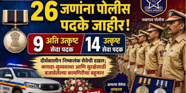जळगाव पोलीस दलातील २६ जणांना पोलीस पदके जाहीर; ९ अति उत्कृष्ट तर १४ जणांना उत्कृष्ट सेवा पदक