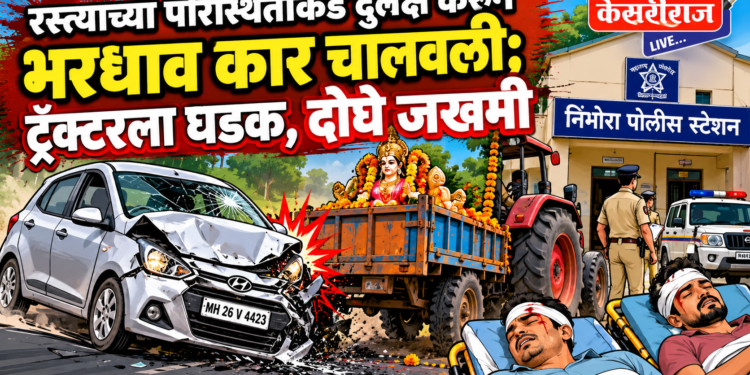 रस्त्याच्या परिस्थितीकडे दुर्लक्ष करून भरधाव कार चालवली; ट्रॅक्टरला धडक, दोघे जखमी