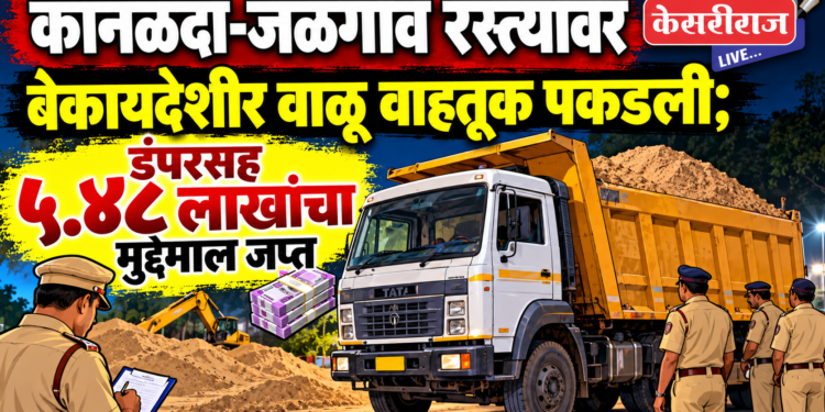 कानळदा-जळगाव रस्त्यावर बेकायदेशीर वाळू वाहतूक पकडली; डंपरसह ५.४८ लाखांचा मुद्देमाल जप्त